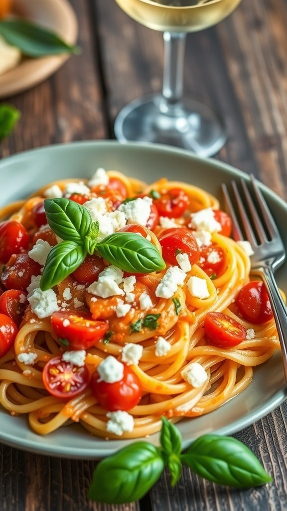 Creamy feta pasta with cherry tomatoes and basil, served on a rustic wooden table.